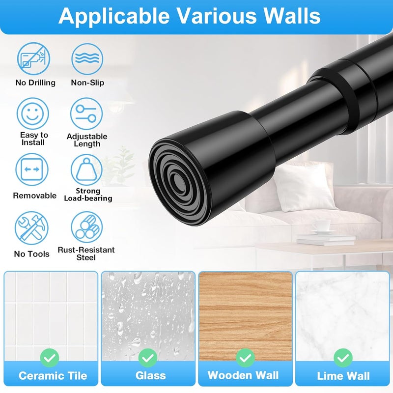 MEXAU 6PCS Tension Curtain Rod 33 to 59 Inch,Black Short Curtain Rods No Drilling,Loaded Expandable Spring Curtain Rods for Windows Kitchen,Closet,Cupboard,Door,Bookshelf - Image 4
